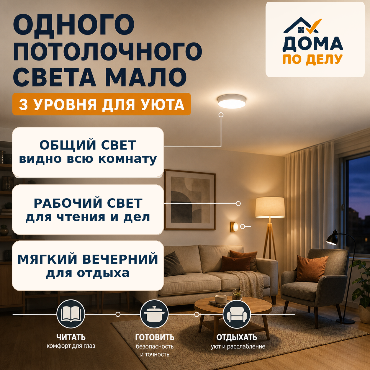 Гостиная с несколькими уровнями освещения