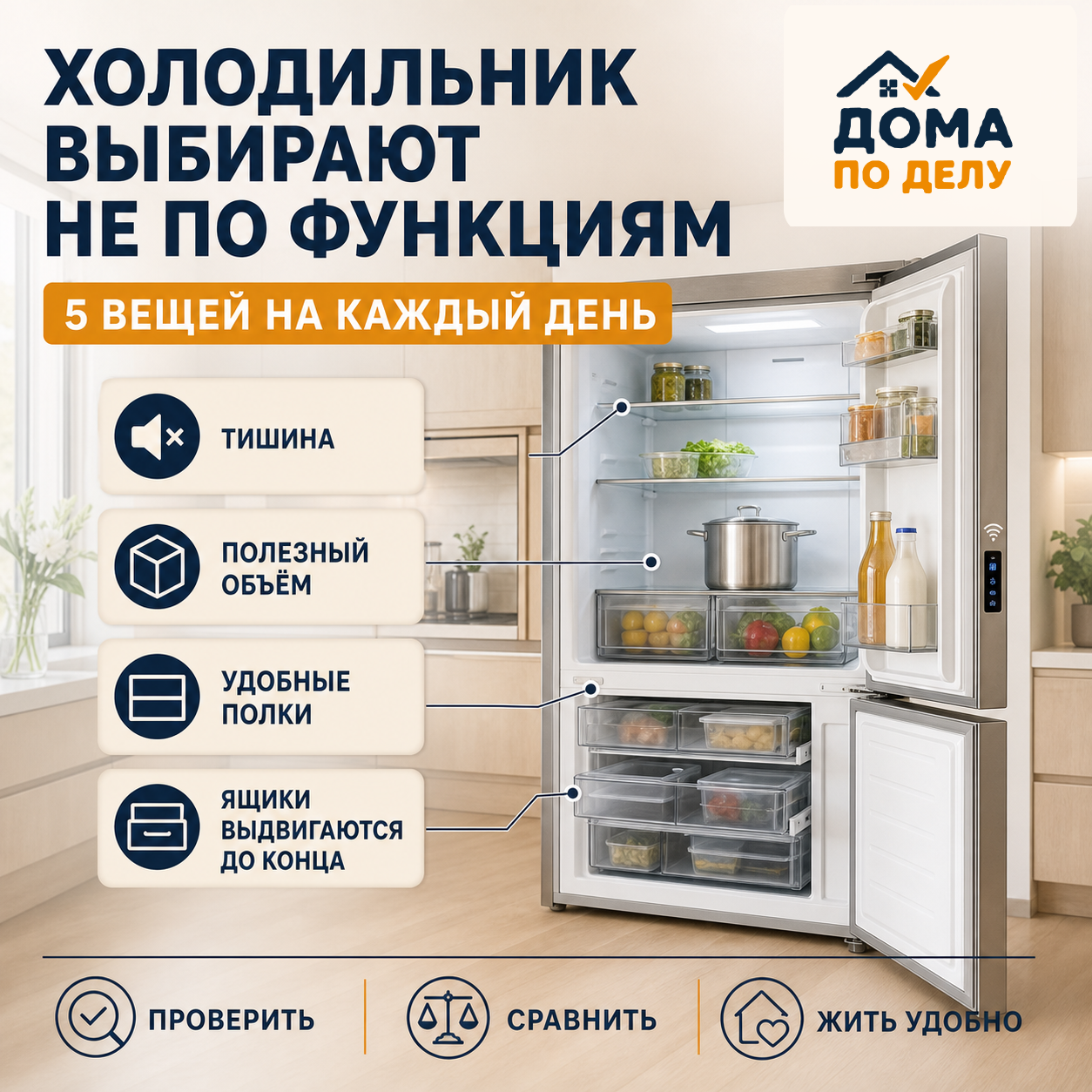 Открытый холодильник с удобными полками и ящиками